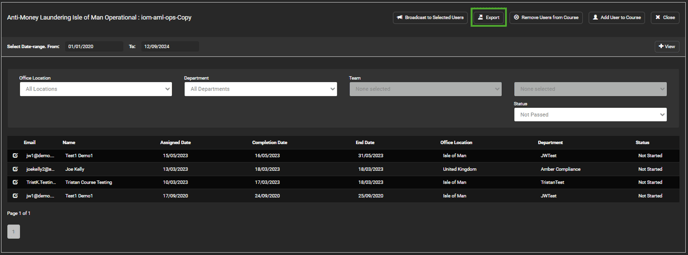 Course - Export not passed table view