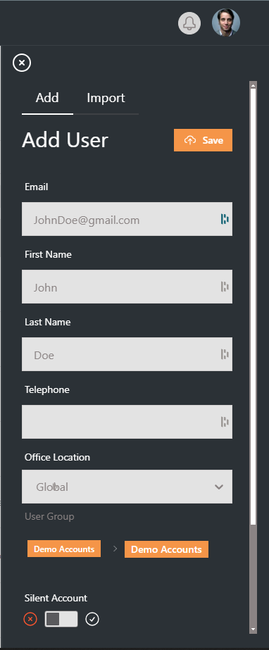 User Management - Add user page (John Doe Details)