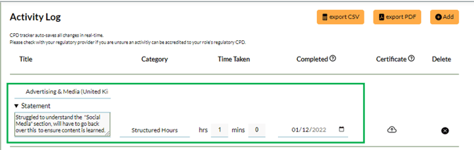 CPD Tracker - item details