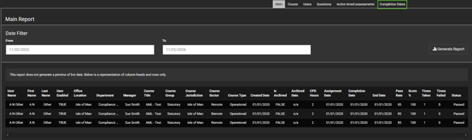 Completion date report tab
