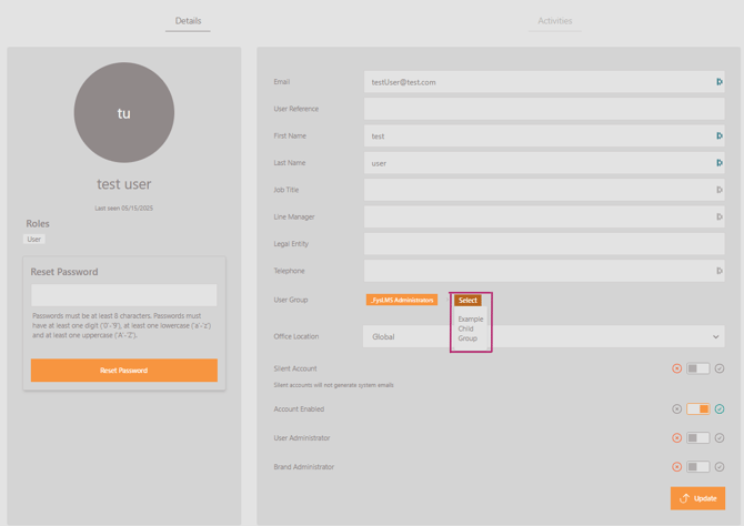 User Account - User Profile - Sub-group user allocation