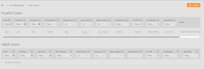 User Management - User import validation page example