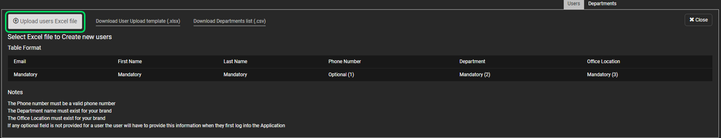 User Management Upload Users Excel File Button